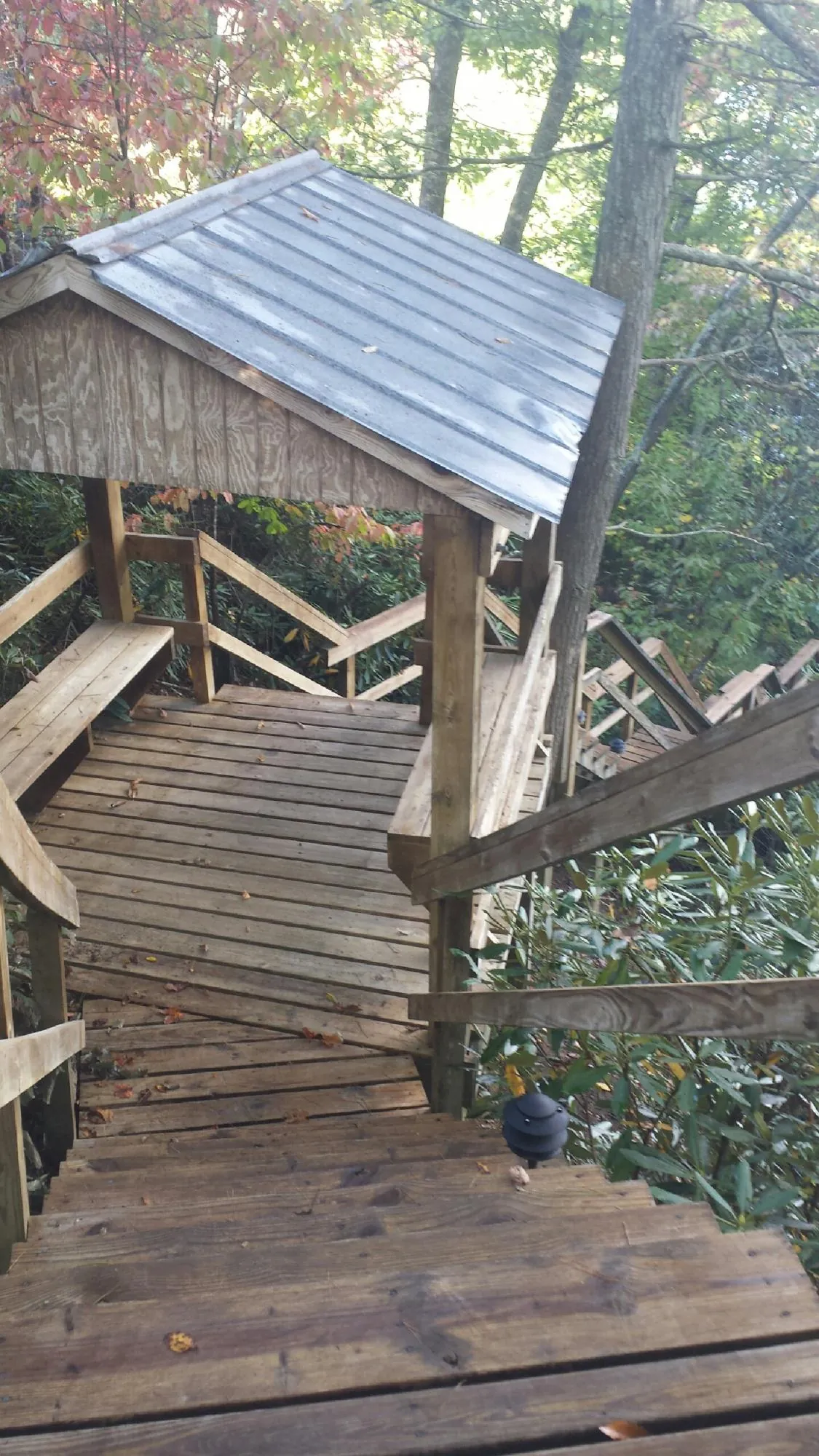 Metal roofed shelter over wooden steps on a wooded walkway — Skylight Repair & Installation work by our crew in Mullens